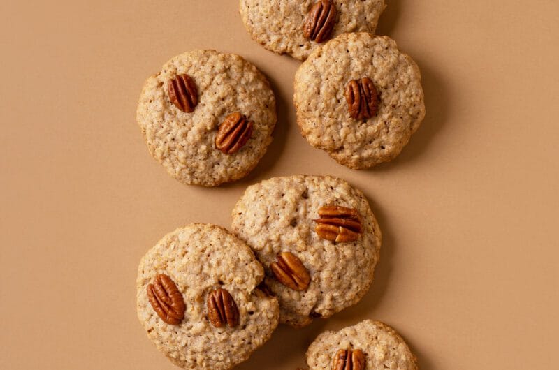 Pecan cookies close up on brown background